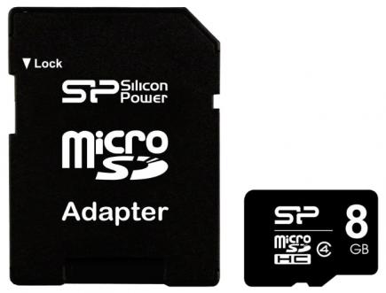   Silicon  Power SP008GBSTH004V10-SP + adapter microSDHC 8Gb Class4 Flash-